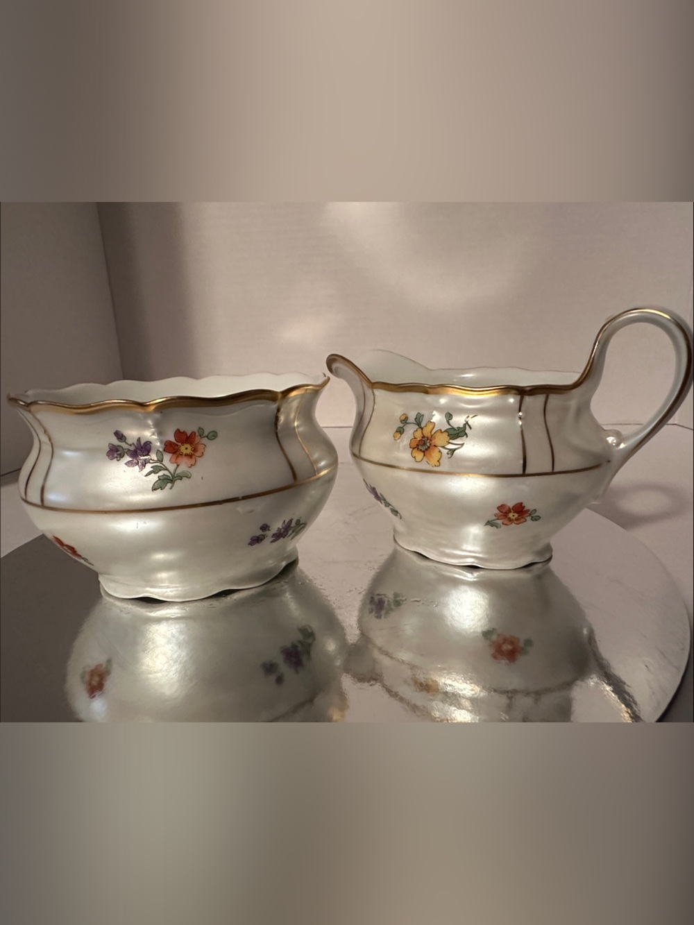 Classic Satin Floral Porcelain Creamer and Sugar Set - White with Gold Trim